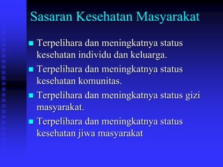 Sasaran Kesehatan Masyarakat
 Terpelihara dan meningkatnya status
kesehatan individu dan keluarga.
 Terpelihara dan meningkatnya status
kesehatan komunitas.
 Terpelihara dan meningkatnya status gizi
masyarakat.
 Terpelihara dan meningkatnya status
kesehatan jiwa masyarakat
 