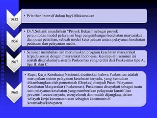 1952
• Pelatihan intensif dukun bayi dilaksanakan
1956
• Dr.Y.Sulianti mendirikan “Proyek Bekasi” sebagai proyek
percontohan/model pelayanan bagi pengembangan kesehatan masyarakat
dan pusat pelatihan, sebuah model keterpaduan antara pelayanan kesehatan
pedesaan dan pelayanan medis.
1967
• Seminar membahas dan merumuskan program kesehatan masyarakat
terpadu sesuai dengan masyarakat Indonesia. Kesimpulan seminar ini
adalah disepakatinya sistem Puskesmas yang terdiri dari Puskesmas tipe A,
tipe B, dan C.
1968
• Rapat Kerja Kesehatan Nasional, dicetuskan bahwa Puskesmas adalah
merupakan sistem pelayanan kesehatan terpadu, yang kemudian
dikembangkan oleh pemerintah (Depkes) menjadi Pusat Pelayanan
Kesehatan Masyarakat (Puskesmas). Puskesmas disepakati sebagai suatu
unit pelayanan kesehatan yang memberikan pelayanan kuratif dan
preventif secara terpadu, menyeluruh dan mudah dijangkau, dalam
wilayah kerja kecamatan atau sebagian kecamatan di
kotamadya/kabupaten.
 