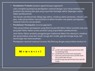  Pendekatan Produksi (product approch/output approach)
yaitu menghitung besarnya pendapatan nasional dengan cara menjumlahkan nilai
produksi atas barang dan jasa yang wujud dari berbagai sektor (lapangan usaha)
dalam perekonomian.
Jika disuatu perekonomian dibagi tiga sektor, misalnya sektor pertanian, industri, dan
jasa, maka penjumlahan hasil produksi di sektor tersebut merupakan pendapatan
nasional menurut cara produksi.
 Pendekatan Pendapatan (income approach)
Yaitu penjumlahan pendapatan yang diterima pemilik faktor-faktor produksi atas jasa
penjualan faktor dalam proses produksi yang wujud dalam perekonomian.
Jenis faktor-faktor produksi penggolongan tradisional dalam ilmu ekonomi, misalnya
dari penjumlahan sewa dari tanah, bunga dari modal, gaji dari tenaga kerja, dan
keuntungan dari kewirausahaan.
Pendapatan nasional (national income, NI) dihitung dengan penjumlahan berikut ini:
NI = w + n + r + i
Ket:
w = jumlah upah (wages) atau penerimaan oleh
buruh/tenaga kerja
n = jumlah laba tau penerimaan pengusaha
r = sewa atau penerimaan kaum pemilik tanah
dan sumber alam lainnya
i = jumlah bunga atau penerimaan kaum pemilik
modal
 