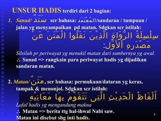 8
UNSUR HADIS terdiri dari 2 bagian:
1. Sanad/ ‫د‬ٌ ‫ن‬َ‫ّف‬ ‫س‬َ‫ّف‬ scr bahasa: ‫مد‬َ‫ّف‬ ‫ت‬َ‫ّف‬ ‫ع‬ْ‫ك‬ ‫م‬ُ‫َم‬ ‫/ال‬sandaran / tumpuan /
jalan yg menyampaikan pd matan. Sdgkan scr istilah:
‫ ن‬ْ‫ك‬ ‫ع‬َ‫ّف‬ ‫ ن‬َ‫ّف‬ ‫ت‬َ‫ّف‬ ‫م‬َ‫ّف‬ ‫ل‬ْ‫ك‬ ‫ا‬ ‫لاوا‬ُ‫َم‬ ‫ق‬َ‫ّف‬ ‫ن‬َ‫ّف‬ ‫ ن‬َ‫ّف‬ ‫ي‬ْ‫ك‬ ‫ذ‬ِ ‫ا‬ ‫ل‬َّ ‫ا‬ ‫ة‬ِ ‫ا‬ ‫وا‬َ‫ّف‬ ‫ر‬ّ ‫ال‬ ‫ة‬ُ‫َم‬ ‫ل‬َ‫ّف‬ ‫س‬ِ ‫ا‬ ‫ل‬ْ‫ك‬ ‫س‬ِ ‫ا‬
‫ول‬َّ ‫ل‬َ‫ّف‬ ‫ا‬ْ‫ك‬ ‫ه‬ِ ‫ا‬ ‫ر‬ِ ‫ا‬ ‫د‬َ‫ّف‬ ‫ص‬ْ‫ك‬ ‫م‬َ‫ّف‬ ‫:ا‬
Silsilah pr periwayat yg menukil matan dari sumbernya yg awal.
∴ Sanad = rangkain para periwayat hadis yg dijadikan
sandaran matan.
2. Matan/ ‫ ن‬ٌ ‫ت‬َ‫ّف‬ ‫م‬َ‫ّف‬ , scr bahasa: permukaan/dataran yg keras,
tampak  menonjol. Sdgkan scr istilah:
‫ه‬ِ ‫ا‬ ‫ي‬ْ‫ك‬ ‫ن‬ِ ‫ا‬ ‫عا‬َ‫ّف‬ ‫م‬َ‫ّف‬ ‫ها‬َ‫ّف‬ ‫ب‬ِ ‫ا‬ ‫م‬ُ‫َم‬ ‫او‬َّ ‫ق‬َ‫ّف‬ ‫ت‬َ‫ّف‬ ‫ت‬َ‫ّف‬ ‫تى‬ِ ‫ا‬ ‫ل‬َّ ‫ا‬ ‫ث‬ِ ‫ا‬ ‫ي‬ْ‫ك‬ ‫د‬ِ ‫ا‬ ‫ح‬َ‫ّف‬ ‫ل‬ْ‫ك‬ ‫ا‬ ‫ظ‬ُ‫َم‬ ‫فا‬َ‫ّف‬ ‫ل‬ْ‫ك‬ ‫أ‬َ‫ّف‬
Lafal hadis yg mengandung makna
∴ Matan = berita ttg hal-ihwal Nabi saw.
Matan ini disebut sbg inti hadis.
 
