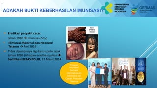 Pelatihan Bagi Pelatih Kader
KesehatanADAKAH BUKTI KEBERHASILAN IMUNISASI?
Program
imunisasi
berhasil
membebaskan
Indonesia dari
Cacar, Polio dan
Tetanus
 Eradikasi penyakit cacar,
tahun 1980  Imunisasi Stop
• Eliminasi Maternal dan Neonatal
Tetanus  Mei 2016
 Tidak dijumpainya lagi kasus polio sejak
tahun 2006 (tahapan eradikasi polio) 
Sertifikasi BEBAS POLIO, 27 Maret 2014
 
