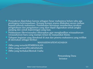  Penyadaran diperlukan karena sebagian besar mahasiswa belum tahu apa
pentingnya kewirausahaan. Konsep-konsep utama dilakukan secara meluas
kepada seluruh mahasiswa. Pembekalan bertujuan memberikan struktur
pengetahuan dan pengalaman yang akan dapat digunakan untuk jangka
panjang dan untuk kepentingan yang luas.
 Pelaksanaan (Berwirausaha) diharapkan agar menghasilkan wirausahawan-
wirausahawan baru yang mampu terjun ke masyarakat bisnis.
 Tahapan kegiatan yang dimaksud di atas dan peserta mahasiswa yang terlibat
di skemakan sebagai berikut :
 MAHASISWAPENYADARAN
 (Mhs yang tertarik)PEMBEKALAN
 (Mhs yang serius)PELAKSANAAN
 (Mhs yang berbakat)Bentuk Usaha

Penyandang Dana
 Investor
Materi kuliah Kewirausahaan 121
 