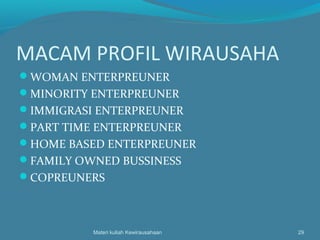 MACAM PROFIL WIRAUSAHA
WOMAN ENTERPREUNER
MINORITY ENTERPREUNER
IMMIGRASI ENTERPREUNER
PART TIME ENTERPREUNER
HOME BASED ENTERPREUNER
FAMILY OWNED BUSSINESS
COPREUNERS
Materi kuliah Kewirausahaan 29
 