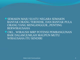 SEMAKIN MAJU SUATU NEGARA SEMAKIN
BANYAK ORANG TERDIDIK, DAN BANYAK PULA
ORANG YANG MENGANGGUR…PENTING
BERWIRAUSAHA
OKI… WIRAUSH MRP POTENSI PEMBANGUNAN
BAIK DALAM JUMLAH MAUPUN MUTU
WIRAUSAHA ITU SENDIRI
Materi kuliah Kewirausahaan 6
 