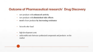 Outcome of Pharmaceutical research/ Drug Discovery
• newproducts with enhanced activity
• newproducts with diminished side effects
• need ofnewproducts by increasing resistance
• butontheother hand:
• highdevelopment costs
• unfavorableratio between synthesized compounds andproducts on the
market
 