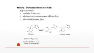 Stability - after administration and self-life.
drug’
sinsitustability
A. modifyingits structure.
B. administering the drug asamore stable prodrug.
C. usingasuitabledosage form.
treatment of glaucoma
lasts for about three hours,
needs 3–6 doses a day
45
 