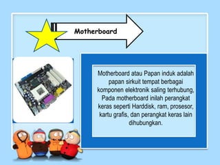 Motherboard
Motherboard atau Papan induk adalah
papan sirkuit tempat berbagai
komponen elektronik saling terhubung,
Pada motherboard inilah perangkat
keras seperti Harddisk, ram, prosesor,
kartu grafis, dan perangkat keras lain
dihubungkan.
 
