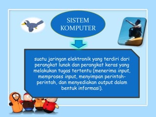 suatu jaringan elektronik yang terdiri dari
perangkat lunak dan perangkat keras yang
melakukan tugas tertentu (menerima input,
memproses input, menyimpan perintah-
perintah, dan menyediakan output dalam
bentuk informasi).
SISTEM
KOMPUTER
 