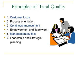 Principles of Total Quality
 1. Customer focus
 2. Process orientation
 3. Continous Improvement
 4. Empowerment and Teamwork
 5. Management by fact
 6. Leadership and Strategic
planning
 