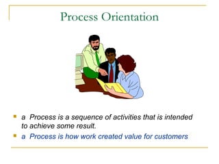 Process Orientation
 a Process is a sequence of activities that is intended
to achieve some result.
 a Process is how work created value for customers
 