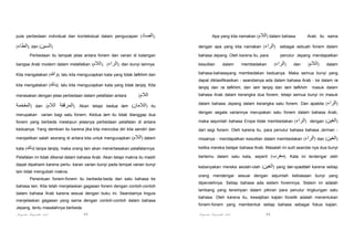 pula perbedaan individual dan kontekstual dalam pengucapan (‫,)الصاد‬
(‫ ,)الطاء‬dan (‫.)السين‬

Arab itu sama

dengan apa yang kita namakan (‫)الراء‬

Perbedaan itu tampak jelas antara fonem dan varian di kalangan
bangsa Arab modern dalam melafalkan (‫ ,)الراء( ,)الالم‬dan bunyi lainnya.
Kita mengatakan (

‫ ,)و‬lalu kita mengucapkan kata yang tidak tafkhim dan

kita mengatakan (

‫ ,)با‬lalu kita mengucapkan kata yang tidak tarqiq. Kita

merasakan dengan jelas perbedaan dalam pelafalan antara

‫)المفخمة‬

Apa yang kita namakan (‫ )الالم‬dalam bahasa

dan (‫الالم‬

‫.)المرققة‬

(‫الالم‬

Akan tetapi kedua lam (‫ )الالمان‬itu

merupakan varian bagi satu fonem. Kedua lam itu tidak dianggap dua

sebagai sebuah fonem dalam

bahasa Jepang. Oleh karena itu, para

penutur Jepang mendapatkan

kesulitan

dalam

membedakan

(‫)الراء‬

dan

(‫)الالم‬

dalam

bahasa-bahasayang membedakan keduanya. Maka semua bunyi yang
dapat diklasifikasikan - seandainya ada dalam bahasa Arab - ke dalam ra
tarqiq dan ra tafkhim, dan lam tarqiq dan lam tafkhim

masuk dalam

bahasa Arab dalam kerangka dua fonem, tetapi semua bunyi ini masuk
dalam bahasa Jepang dalam kerangka satu fonem. Dan apabila (‫)الراء‬
dengan segala variannya merupakan satu fonem dalam bahasa Arab,

fonem yang berbeda meskipun jelasnya perbedaan pelafalan di antara

maka sejumlah bahasa Eropa tidak membedakan (‫ )الراء‬dengan (‫)الغين‬

keduanya. Yang demkian itu karena jika kita mencoba diri kita sendiri dan

dari segi fonem. Oleh karena itu, para penutur bahasa bahasa Jerman -

menjadikan salah seorang di antara kita untuk mengucapkan (‫ )الالم‬dalam

misalnya - mendapatkan kesulitan dalam membedakan (‫ )الراء‬dan (‫)الغين‬

‫ )با‬tanpa tarqiq, maka orang lain akan menertawakan pelafalannya.

ketika mereka belajar bahasa Arab. Masalah ini sulit seandai nya dua bunyi

Pelafalan ini tidak dikenal dalam bahasa Arab. Akan tetapi makna itu masih

bertemu dalam satu kata, seperti (‫ .)مغرب‬Kata ini terdengar oleh

dapat dipahami karena pertu- karan varian bunyi pada tempat varian bunyi

kebanyakan mereka seolah-olah (‫ )الغين‬yang ber-syaddah karena setiap

kata (

lain tidak mengubah makna.
Penentuan fonem-fonem itu berbeda-beda dari satu bahasa ke
bahasa lain. Kita telah menjelaskan gagasan fonem dengan contoh-contoh
dalam bahasa Arab karena sesuai dengan buku ini. Seandainya linguis
menjelaskan gagasan yang sama dengan contoh-contoh dalam bahasa

diperolehnya. Setiap bahasa ada sistem fonemnya. Sistem ini adalah
lambang yang tersimpan dalam pikiran para penutur lingkungan satu
bahasa. Oleh karena itu, kewajiban kajian fonetik adalah menentukan
fonem-fonem yang membentuk setiap bahasa sebagai fokus kajian.

Jepang, tentu masalahnya berbeda.

Pengantar Linguistik Arab

orang mendengar sesuai dengan sejumlah kebiasaan bunyi yang

45

Pengantar Linguistik Arab

46

 
