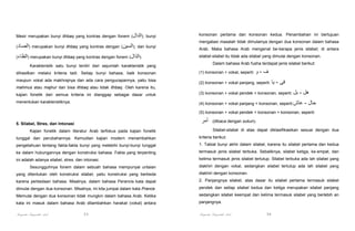 Mesir merupakan bunyi ithbaq yang kontras dengan fonem (‫ ;)الدال‬bunyi
(‫ )الصاد‬merupakan bunyi ithbaq yang kontras dengan (‫ ;)السين‬dan bunyi
(‫ )الظاء‬merupakan bunyi ithbaq yang kontras dengan fonem (‫.)الذال‬

konsonan pertama dan konsonan kedua. Penambahan ini bertujuan
mengatasi masalah tidak dimulainya dengan dua konsonan dalam bahasa
Arab. Maka bahasa Arab mengenal be-berapa jenis silabel; di antara
silabel-silabel itu tidak ada silabel yang dimulai dengan konsonan.
Dalam bahasa Arab fusha terdapat jenis silabel berikut:

Karakteristik satu bunyi terdiri dari sejumlah karakteristik yang
dihasilkan melalui kriteria tadi. Setiap bunyi bahasa, baik konsonan

(1) konsonan + vokal, seperti: ‫و‬

maupun vokal ada makhrajnya dan ada cara pengucapannya, yaitu bisa

(2) konsonan + vokal panjang, seperti: ‫يا‬

mahmus atau majhur dan bisa ithbaq atau tidak ithbaq. Oleh karena itu,
kajian fonetik dari semua kriteria ini dianggap sebagai dasar untuk

-‫ف‬
- ‫فى‬

(3) konsonan + vokal pendek + konsonan, seperti: ‫بل‬

- ‫ھل‬

(4) konsonan + vokal panjang + konsonan, seperti:‫عاش‬

menentukan karakteristiknya.

- ‫حال‬

(5) konsonan + vokal pendek + konsonan + konsonan, seperti:

‫أمر‬

5. Silabel, Stres, dan Intonasi
Kajian fonetik dalam literatur Arab terfokus pada kajian fonetik

(dibaca dengan sukun).
Silabel-silabel di atas dapat diklasifikasikan sesuai dengan dua

tunggal dan perubahannya. Kemudian kajian modern menambahkan

kriteria berikut.

pengetahuan tentang fakta-fakta bunyi yang melebihi bunyi-bunyi tunggal

1. Tabiat bunyi akhir dalam silabel, karena itu silabel pertama dan kedua

ke dalam hubungannya dengan konstruksi bahasa. Fakta yang terpenting

termasuk jenis silabel terbuka. Sebaliknya, silabel ketiga, ke-empat, dan

ini adalah adanya silabel, stres. dan intonasi.

kelima termasuk jenis silabel tertutup. Silabel terbuka ada lah silabel yang

Sesungguhnya fonem dalam sebuah bahasa mempunyai untaian

diakhiri dengan vokal, sedangkan silabel tertutup ada lah silabel yang

yang ditentukan oleh konstruksi silabel, yaitu konstruksi yang berbeda

diakhiri dengan konsonan.

karena perbedaan bahasa. Misalnya, dalam bahasa Perancis kata dapat

2. Panjangnya silabel, atas dasar itu silabel pertama termasuk silabel

dimulai dengan dua konsonan. Misalnya, ini kita jumpai dalam kata Prance.

pendek dan setiap silabel kedua dan ketiga merupakan silabel panjang

Memulai dengan dua konsonan tidak mungkin dalam bahasa Arab. Ketika

sedangkan silabel keempat dan kelima termasuk silabel yang berlebih an

kata ini masuk dalam bahasa Arab ditambahkan harakat (vokal) antara

panjangnya.

Pengantar Linguistik Arab

Pengantar Linguistik Arab

53

54

 