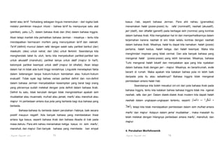 tankir atau ta'rif. Terkadang sebagian linguis menemukan - dari logika baik

kasus i’rab, seperti bahasa Jerman. Para ahli nahwu (gramatika)

melalui pemikiran maupun intuisi - bahwa ta'rif itu mempunyai satu alat

menamakan halat (posisi-posisi) itu

(pertikel), yaitu (‫ )ال‬dalam bahasa Arab dan (the) dalam bahasa Inggris.

jarr (datif), dan idhafat (genetif) pada berbagai isim (nomina) yang kontras

Akan tetapi marilah kita perhatikan bahasa Jerman - misalnya – tentu kita
mendapatkan bermacam morfem yang menunjukkan ta'rif dan nakirah.
Ta'rif (definit) muncul dalam rafa’ dengan salah satu partikel berikut (der)
maskulin; (des) untuk netral; dan (die) untuk feminin. Seandainya kita
menghendaki tabel itu utuh, tentu kita menyebutkan partikel-partikel lain
untuk akusatif (manshub); partikel lainya untuk datif (majrur bi harf);
kelompok partikel keempat untuk datif (majrur bil idhafat). Akan tetapi
dalam hal ini tidak ada bukti tinggi rendahnya. Linguistik menetapkan fakta
dalam ketenangan tanpa hukum-hukum keindahan atau hukum-hukum
evaluatif. Tidak syak lagi bahwa variasi partikel definit dan non-definit
dalam bahasa Jerman menyebabkan kesempitan yang berat bagi orang

dalam bahasa Arab. Kita mengatakan hal ini dan memperhatikannya dalam
terjemahan karena nashab di sini tidak selalu kontras dengan nashab
dalam bahasa Arab. Misalnya, halat itu dapat kita namakan: halah (posisi)
pertama, halah kedua, halah ketiga, dan halah keempat. Maka kita
menghindari inspirasi yang tidak cermat. Dan ada banyak bahasa yang
mengenal halat

mudzakkar atau muannats, mufrad atau jamak, marfu' atau manshub atau
majrur. Ini perbedaan antara dua pola yang berbeda bagi dua bahasa yang

(posisi-posisi) yang lebih bervariasi. Misalnya, bahasa

Turki mengenal halah lokatif dan menyatakan apa yang kita nyatakan
dalam bahasa Arab dengan jarr - majrur. Misalnya, ev berartirumah, evde
berarti di rumah. Maka apakah kita katakan bahwa pola ini lebih baik
daripada pola itu atau sebaliknya? Bahasa Inggris tidak mengenal
pembedaan antara halat i'rab.
Seandainya kita boleh mecabut ciri-ciri dari pola bahasa Arab pada

yang pikirannya sudah melekat dengan pola definit dalam bahasa Arab.
Definit itu satu, tidak berubah dengan tidak mengindahkan apakah isim

rafa' (nominatif), nashab (akusatif),

bahasa Inggris, tentu kita katakan bahwa bahasa Inggris tidak me- ngenal
nashab, rafa, dan jarr. Dalam dialek-dialek Arab modern kita dapati halah
nashab dalam ungkapan-ungkapan tertentu, seperti: (‫دائما‬

‫ ,)أھال‬tetapi kita tidak mendapatkan pembedaan dalam isim mufrad antara

berbeda.
Bahasa-bahasa itu berbeda dalam perubahan i'rabnya, baik secara
positif maupun negatif. Ada banyak bahasa yang membedakan ihwal
antara tiga kasus, seperti bahasa Arab dan bahasa Akadis di Irak pada

marfu' dan majrur. Adapun dalam jama' mudzakkar , maka masalah itu
telah melekat dengan hilangnya perbedaan antara marfu', manshub, dan
majrur.

masa dahulu. Para ahli nahwu menamakan ketiga kasus ini isim marfu',
manshub, dan majrur. Dan banyak bahasa yang membeda- kan empat

Pengantar Linguistik Arab

– ‫- شكرا‬

75

4. Perubahan Morfofonemik

Pengantar Linguistik Arab

76

 