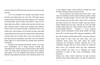 bervariasi. Maka kata (‫ )كتابي‬berarti buku yang saya susun atau buku yang

itu perlu dijelaskan dengan metode transformasi sehingga kita mudah
memahami hubungan yang ada di antara hal-hal tadi.

saya miliki.
Di sini kita mendapatkan dua hubungan yang berbeda de-ngan
hubungan yang terdapat dalam isim: (‫ .)أبي‬Kata (‫ )األب‬adalah manusia
dewasa tempat saya bernisbat secara biologis langsung. Di sini hubungan

Dan ada banyak hal yang diamati oleh para ahli nahwu. Linguis
modern memanfaatkannya melalui metode transformasi apabila ia hendak
menentukan

hubungan-hubungan. Para ahli nahwu Arab menjelaskan

kedua hubungan yang ada dalam struktur, seperti: (‫قتل‬

‫.)زيد‬

Boleh jadi

itu berbeda dengan kedua hubungan yang terdapat di antara isim dan
dhamir dalam kata (‫ .)معطفي‬Itu adalah mantel yang saya miliki atau saya

Zaid adalah pembunuh dan boleh jadi ia adalah orang yang terbunuh.
Dengan penjelasan para ahli nahwu, boleh jadi hal ini dari segi idhafat

pakai. Seandainya penutur menjadi pemain sandiwara yang melakukan

mashdar kepada fa'ilnya atau kepada maf'ulnya. Melalui metode trans-

peranan tertentu dan hubungan-hubungan ini berbeda-beda peran annya

formasi kita dapat memahami

tentang (‫ ,)بلدي‬maka hubungan di sini merupakan hubungan nisbat warga

dengan mencoba menempatkan fi'il pada tempat mashdar. Kita dapati

negara kepada tanah air kecil atau besar. Masing-masing berbeda dengan

bahwa (‫قتل‬

hubungan antara isim dan dhamir dalam (‫ ,)سفري‬yaitu perjalanan yang

atau (‫قتل‬

telah saya tempuh atau sedang/akan saya tempuh. Di sini kita mengamati

kontras dengan fi'il mabni ma'lum atau mabni majhul. Inilah yang

bahwa segala hal ini sama bentuknya dan berbeda dalam pemaknaan

menafsirkan

hubungannya.

mengandung dua kemungkinan ungkapan. Sebaliknya dari sini kita

perbedaan

di

an-tara

keduanya

‫ )زيد‬kontras dengan (‫)زيد قتل‬dengan memfathahkan (‫)القاف‬

‫ )زيد‬dengan mendhammahkan (‫,)القاف‬
adanya

struktur

batin

dalam

yaitu bahwa mashdar ini

bahasa

Arab

dengan

Seandainya kita merancang alat terjemah otomatis, tentu linguis
harus

mendapatkan hubungan yang ada di antara mashdar dan mudhaf ilaih

mempersiapkan

dalam (‫وصول‬

alat

itu

dengan

pola-pola

morfologi

yang

‫)علي‬

mempunyai makna yang sama. Sebagaimana

memungkinkan dan hubungan yang ada antara pola-pola dalam bahasa
sumber dan bahasa sasaran sehingga alat itu dapat memilih ungkapan
yang sepadan. Di sini kita menjelaskan bahwa banyak hal yang tampak
sederhana, tetapi sebenarnya bervariasi. Untuk menonjolkan variasi ini, hal

menurut pendapat para linguis, hal ini disebabkan oleh adanya
pembanding ini berupa fi'il lazim (verba intransitif)dengan metode
transformasi.
Demikian pula melalui metode transformasi kita dapat memahami
perbedaan antara maf'ul bih (objek) pertama dan maf'ul bih (objek) kedua

Pengantar Linguistik Arab

91

Pengantar Linguistik Arab

92

 