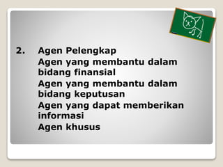 2. Agen Pelengkap
Agen yang membantu dalam
bidang finansial
Agen yang membantu dalam
bidang keputusan
Agen yang dapat memb...