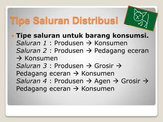Tipe Saluran Distribusi
 Tipe saluran untuk barang konsumsi.
Saluran 1 : Produsen  Konsumen
Saluran 2 : Produsen  Pedag...