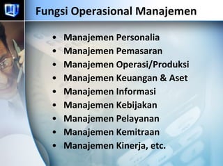 Fungsi Operasional Manajemen Manajemen Personalia Manajemen Pemasaran Manajemen Operasi/Produksi Manajemen Keuangan & Aset Manajemen Informasi Manajemen Kebijakan Manajemen Pelayanan Manajemen Kemitraan Manajemen Kinerja, etc. 
