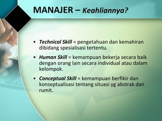 MANAJER –  Keahliannya? <ul><li>Technical Skill  = pengetahuan dan kemahiran dibidang spesialisasi tertentu. </li></ul><ul...