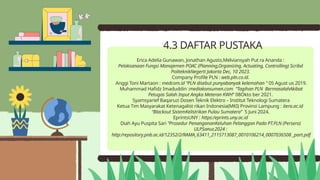 Erica Adelia Gunawan, Jonathan Agusto,Melviansyah Put ra Ananda :
Pelaksanaan Fungsi Manajemen POAC (Planning,Organizing, Actuating, Controlling) Scribd
PoliteknikNegerti Jakarta Dec, 10 2023.
Company Profile PLN : web.pln.co.id.
Anggi Toni Martaon : medcom.id “PLN disebut punyabanyak kelemahan ” 05 Agust us 2019.
Muhammad Hafidz Imaduddin :mediakonsumen.com “Tagihan PLN BermasalahAkibat
Petugas Salah Input Angka Meteran KWH” 08Okto ber 2021.
Syamsyarief Baqaruzi Dosen Teknik Elektro – Institut Teknologi Sumatera
Ketua Tim Masyarakat Ketenagalist rikan Indonesia(MKI) Provinsi Lampung : itera.ac.id
“Blackout SistemKelistrikan Pulau Sumatera” 5 Juni 2024.
EprintsUNY : https:/eprints.uny.ac.id
Diah Ayu Puspita Sari “Prosedur PenangananKeluhan Pelanggan Pada PT.PLN (Persero)
ULPSanur,2024 :
http:/repository.pnb.ac.id/12352/2/RAMA_63411_2115713087_0010106214_0007036508 _part.pdf
4.3 DAFTAR PUSTAKA
 