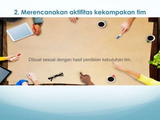 2. Merencanakan aktifitas kekompakan tim
Dibuat sesuai dengan hasil penilaian kebutuhan tim.
 