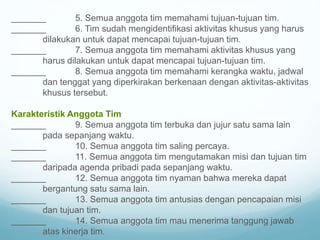_______ 5. Semua anggota tim memahami tujuan-tujuan tim.
_______ 6. Tim sudah mengidentifikasi aktivitas khusus yang harus
dilakukan untuk dapat mencapai tujuan-tujuan tim.
_______ 7. Semua anggota tim memahami aktivitas khusus yang
harus dilakukan untuk dapat mencapai tujuan-tujuan tim.
_______ 8. Semua anggota tim memahami kerangka waktu, jadwal
dan tenggat yang diperkirakan berkenaan dengan aktivitas-aktivitas
khusus tersebut.
Karakteristik Anggota Tim
_______ 9. Semua anggota tim terbuka dan jujur satu sama lain
pada sepanjang waktu.
_______ 10. Semua anggota tim saling percaya.
_______ 11. Semua anggota tim mengutamakan misi dan tujuan tim
daripada agenda pribadi pada sepanjang waktu.
_______ 12. Semua anggota tim nyaman bahwa mereka dapat
bergantung satu sama lain.
_______ 13. Semua anggota tim antusias dengan pencapaian misi
dan tujuan tim.
_______ 14. Semua anggota tim mau menerima tanggung jawab
atas kinerja tim.
 