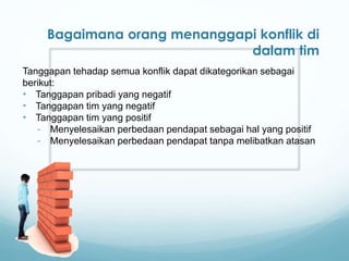 Bagaimana orang menanggapi konflik di
dalam tim
Tanggapan tehadap semua konflik dapat dikategorikan sebagai
berikut:
• Tanggapan pribadi yang negatif
• Tanggapan tim yang negatif
• Tanggapan tim yang positif
- Menyelesaikan perbedaan pendapat sebagai hal yang positif
- Menyelesaikan perbedaan pendapat tanpa melibatkan atasan
 
