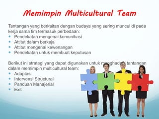 Memimpin Multicultural Team
Tantangan yang berkaitan dengan budaya yang sering muncul di pada
kerja sama tim termasuk perbedaan:
 Pendekatan mengenai komunikasi
 Attitut dalam berkeja
 Attitut mengenai kewenangan
 Pendekatan untuk membuat keputusan
Berikut ini strategi yang dapat digunakan untuk menghadapi tantangan
dalam memimpin multicultural team:
 Adaptasi
 Intervensi Structural
 Panduan Manajerial
 Exit
 