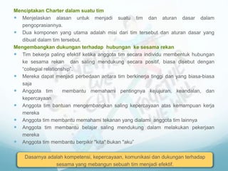 Menciptakan Charter dalam suatu tim
 Menjelaskan alasan untuk menjadi suatu tim dan aturan dasar dalam
pengoprasiannya.
 Dua komponen yang utama adalah misi dari tim tersebut dan aturan dasar yang
dibuat dalam tim tersebut.
Mengembangkan dukungan terhadap hubungan ke sesama rekan
 Tim bekerja paling efektif ketika anggota tim secara individu membentuk hubungan
ke sesama rekan dan saling mendukung secara positif, biasa disebut dengan
“collegial relationship”.
 Mereka dapat menjadi perbedaan antara tim berkinerja tinggi dan yang biasa-biasa
saja
 Anggota tim membantu memahami pentingnya kejujuran, keandalan, dan
kepercayaan
 Anggota tim bantuan mengembangkan saling kepercayaan atas kemampuan kerja
mereka
 Anggota tim membantu memahami tekanan yang dialami anggota tim lainnya
 Anggota tim membantu belajar saling mendukung dalam melakukan pekerjaan
mereka
 Anggota tim membantu berpikir "kita" bukan "aku”
Dasarnya adalah kompetensi, kepercayaan, komunikasi dan dukungan terhadap
sesama yang mebangun sebuah tim menjadi efektif.
 