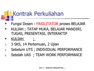 Kontrak Perkuliahan
    Fungsi Dosen : FASILITATOR proses BELAJAR
    KULIAH ; TATAP MUKA, BELAJAR MANDIRI,
     TUGAS, PRESENTASI, INTERAKTIF
    KULIAH       ;
4.   3 SKS, 14 Pertemuan, 2 Ujian
5.   Sebelum UTS ; INDIVIDUAL PERFORMANCE
6.   Setelah UAS ; TEAM WORK PERFORMANCE


                    Pert 1 : SEBUAH PENGANTAR.....
 
