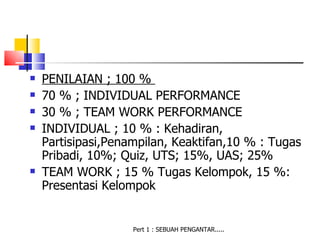    PENILAIAN ; 100 %
   70 % ; INDIVIDUAL PERFORMANCE
   30 % ; TEAM WORK PERFORMANCE
   INDIVIDUAL ; 10 % : Kehadiran,
    Partisipasi,Penampilan, Keaktifan,10 % : Tugas
    Pribadi, 10%; Quiz, UTS; 15%, UAS; 25%
   TEAM WORK ; 15 % Tugas Kelompok, 15 %:
    Presentasi Kelompok


                    Pert 1 : SEBUAH PENGANTAR.....
 
