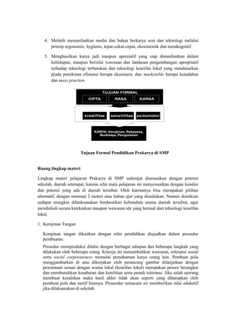 4. Melatih memanfaatkan media dan bahan berkarya seni dan teknologi melalui
prinsip ergonomis, hygienis, tepat-cekat-cepat, ekosistemik dan metakognitif.
5. Menghasilkan karya jadi maupun apresiatif yang siap dimanfaatkan dalam
kehidupan, maupun berisfat wawasan dan landasan pengembangan apropriatif
terhadap teknologi terbarukan dan teknologi kearifan lokal yang mendasarkan
p[ada pemikiran efisiensi berupa ekosistem, dan marketable berupa keindahan
dan mass pruction.
Tujuan Formal Pendidikan Prakarya di SMP
Ruang lingkup materi
Lingkup materi pelajaran Prakarya di SMP sederajat disesuaikan dengan potensi
sekolah, daerah setempat, karena sifat mata pelajaran ini menyesuaikan dengan kondisi
dan potensi yang ada di daerah tersebut. Oleh karenanya bisa merupakan pilihan
alternatif, dengan minimal 2 materi atau bahan ajar yang disediakan. Namun demikian
sedapat mungkin dilanksanakan berdasarkan kebutuhan utama daerah tersebut, agar
membekali secara keteknikan maupun wawasan ide yang berasal dari teknologi kearifan
lokal.
1. Kerajinan Tangan
Kerajinan tangan dikaitkan dengan nilai pendidikan diujudkan dalam prosedur
pembuatan.
Prosedur memproduksi dilalui dengan berbagai tahapan dan beberapa langkah yang
dilakukan oleh beberapa orang. Kinerja ini menumbuhkan wawasan, toleransi sosial
serta social corporateness memulai pemahaman karya orang lain. Pembuat pola
menggambarkan di atas dikerjakan oleh perancang gambar dilanjutkan dengan
pewarnaan sesuai dengan warna lokal (kearifan lokal) merupakan proses berangkai
dan membutuhkan kesabaran dan ketelitian serta penuh toleransi. Jika salah seorang
membuat kesalahan maka hasil akhir tidak akan seperti yang diharapkan oleh
pembuat pola dan motif hiasnya. Prosesdur semacam ini memberikan nilai edukatif
jika dilaksanakan di sekolah.
 