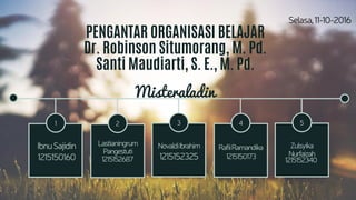 PENGANTAR ORGANISASI BELAJAR
Dr. Robinson Situmorang, M. Pd.
Santi Maudiarti, S. E., M. Pd.
Misteraladin
 