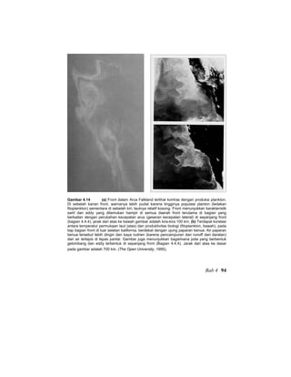Gambar 4.14 (a) Front dalam Arus Falkland terlihat kontras dengan produksi plankton.
Di sebelah kanan front, warnanya lebih pudat karena tingginya populasi planton (ledakan
fitoplankton) sementara di sebelah kiri, lautnya relatif kosong. Front menunjukkan karakteristik
swirl dan eddy yang ditemukan hampir di semua daerah front terutama di bagian yang
berkaitan dengan perubahan kecepatan arus (geseran kecepatan lateral) di sepanjang front
(bagian 4.4.4). jarak dari atas ke bawah gambar adalah kira-kira 100 km. (b) Terdapat korelasi
antara temperatur permukaan laut (atas) dan produktivitas biologi (fitoplankton, bawah), pada
tiap bagian front di luar selatan kalifornia, berdekat dengan ujung paparan benua. Air paparan
benua tersebut lebih dingin dan kaya nutrien (karena pencampuran dan runoff dari daratan)
dari air terlapis di lepas pantai. Gambar juga menunjukkan bagaimana pola yang berbentuk
gelombang dan eddy terbentuk di sepanjang front (Bagian 4.4.4). Jarak dari atas ke dasar
pada gambar adalah 700 km. (The Open University, 1995).
Bab 4 94
 