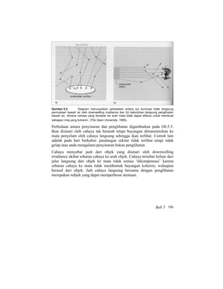 Gambar 5.2 Diagram menunjukkan perbedaan antara (a) iluminasi tidak langsung
permukaan bawah air oleh downwelling irradiance dan (b) kebutuhan langsung penglihatan
bawah air, dimana cahaya yang tersebar ke arah mata tidak dapat difokus untuk membuat
sebagian imej yang koheren. (The Open University, 1995).
Perbedaan antara penyinaran dan penglihatan digambarkan pada Gb.5.3.
Ikan disinari oleh cahaya tak berarah tetapi bayangan ditransmisikan ke
mata penyelam oleh cahaya langsung sehingga ikan terlihat. Contoh lain
adalah pada hari berkabut: pandangan sekitar tidak terlihat tetapi tidak
gelap atau anda mengalami penyinaran bukan penglihatan.
Cahaya menyebar jauh dari objek yang disinari oleh downwelling
irradiance akibat sebaran cahaya ke arah objek. Cahaya tersebar keluar dari
jalur langsung dari objek ke mata tidak semua ‘dikompensasi’ karena
sebaran cahaya ke mata tidak membentuk bayangan koheren, walaupun
berasal dari objek. Jadi cahaya langsung bersama dengan penglihatan
merupakan subjek yang dapat memperbesar atenuasi.
Bab 5 106
 