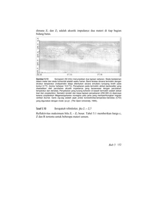 dimana Z1 dan Z2 adalah akustik impedance dua materi di tiap bagian
bidang batas.
Gambar 5.13 Sonogram (50 kHz) menunjukkan dua lapisan sebaran. Skala kedalaman
dalam meter dan skala horisontal adalah waktu harian. Band teratas dimana termoklin dengan
struktur temperatur (independen tetapi ditentukan secara simultan) tumpang tindih pada
kontur 0,1
o
C. (kontur terbesar 10,9
o
C). Penyebaran pada termoklin akibat backscatter yang
disebabkan oleh perubahan akustik impedance yang berasosiasi dengan perubahan
temperatur dan densitas. Penyebaran yang kurang koheren di bawah termoklin adalah akibat
ikan dan zooplankton. Semakin rendah dan biasa lapisan penyebaran (250-300 m) dipercaya
karena zooplankton Meganactyphanes norvegica yaitu jenis yang memperhitungkan migrasi
vertikal diurnal. Garis zig-zag adalah jejak probe konduktivitas-temperatur-densitas (CTD)
yang digunakan dengan mode ‘yo-yo’. (The Open University, 1995).
Soal 5.10 Berapakah reflektivitas jika Z1 = Z2?
Reflektivitas maksimum bila Z1 - Z2 besar. Tabel 5.1 memberikan harga c,
Z dan R tertentu untuk beberapa materi umum.
Bab 5 132
 