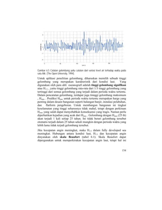Gambar 6.5 Catatan gelombang yaitu catatan dari variasi level air terhadap waktu pada
satu titik. (The Open University, 1994).
Untuk aplikasi penelitian gelombang, diharuskan memilih sebuah tinggi
gelombang yang merupakan karakteristik dari kondisi laut. Yang
digunakan oleh para ahli oseanografi adalah tinggi gelombang signifikan
atau H1/3 , yaitu tinggi gelombang rata-rata dari 1/3 tinggi gelombang yang
tertinggi dari semua gelombang yang terjadi dalam perioda waktu tertentu.
Dalam pencatatan gelombang, terdapat juga tinnggi gelombang maksimum
, Hmax . Prediksi Hmax untuk perioda waktu tertentu merupakan harga yang
penting dalam desain bangunan seperti halangan banjir, instalasi pelabuhan,
dan flatform pengeboran. Untuk membangun bangunan ini tingkat
keselamatan yang tinggi seharusnya tidak mahal, tetapi dengan perkiraan
Hmax yang salah dapat menyebabkan konsekuensi yang tragis. Namun perlu
diperhatikan kejadian yang acak dari Hmax . Gelombang dengan Hmax (25 th)
akan terjadi 1 kali setiap 25 tahun. Ini tidak berari gelombang tersebut
otomatis terjadi dalam 25 tahun sekali mungkin dengan perioda waktu yang
lebih lama tidak terjadi gelombang tersebut.
Jika kecepatan angin meningkat, maka H1/3 dalam fully developed sea
meningkat. Hubungan antara kondisi laut, H1/3 dan kecepatan angin
dinyatakan oleh skala Beaufort (tabel 6.1). Skala Beaufort dapat
dipergunakan untuk memperkirakan kecepatan angin laut, tetapi hal ini
154
 