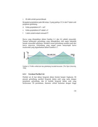 c. 85 detik setelah puncak dilewati.
Berapakah perpindahan pada titik kedua, Q yang jauhnya 312 m dari P dalam arah
penjalaran gelombang :
d. Ketika perpindahan di P = nol?
e. Ketika perpindahan di P adalah -a?
f. 5 detik setelah lembah melewati P?
Kurva yang ditunjukkan dalam Gambar 6.1 dan 6.6 adalah sinusoidal.
Namun kebanyakn gelombang yang dibangkitkan oleh angin bukanlah
bentuk sinusoidal sederhana. Semakin curam gelombang semakin jauh dari
kurva sinus-nya. Gelombang yang sangat curam menyerupai kurva
trochcoidal yang digambarkan dalam Gambar 6.7.
Gambar 6.7 Profile vertikal dari dua gelombang trocoidal berurutan. (The Open University,
1994).
6.2.1 Gerakan Partikel Air
Partikel air di laut dalam bergerak dalam bentuk hampir lingkaran. Di
puncak gelombang, partikel bergerak dalam arah yang sama dengan
penjalaran gelombang, dan di lembah bergerak dalam arah yang
berlawanan. Di permukaan, diameter orbital berkaitan dengan tinggi
158
 