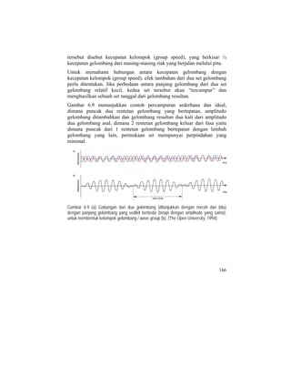 tersebut disebut kecepatan kelompok (group speed), yang berkisar ½
kecepatan gelombang dari masing-masing riak yang berjalan melalui pita.
Untuk memahami hubungan antara kecepatan gelombang dengan
kecepatan kelompok (group speed), efek tambahan dari dua set gelombang
perlu ditentukan. Jika perbedaan antara panjang gelombang dari dua set
gelombang relatif kecil, kedua set tersebut akan “tercampur” dan
menghasilkan sebuah set tunggal dari gelombang resultan.
Gambar 6.9 menunjukkan contoh percampuran sederhana dan ideal,
dimana puncak dua rentetan gelombang yang bertepatan, amplitudo
gelombang ditambahkan dan gelombang resultan dua kali dari amplitudo
dua gelombang asal, dimana 2 rentetan gelombang keluar dari fasa yaitu
dimana puncak dari 1 rentetan gelombang bertepatan dengan lembah
gelombang yang lain, permukaan air mempunyai perpindahan yang
minimal.
Gambar 6.9 (a) Gabungan dan dua gelombang (ditunjukkan dengan merah dan bitu)
dengan panjang gelombang yang sedikit berbeda (tetapi dengan amplitudo yang sama),
untuk membentuk kelompok gelombang / wave group (b). (The Open University, 1994).
166
 