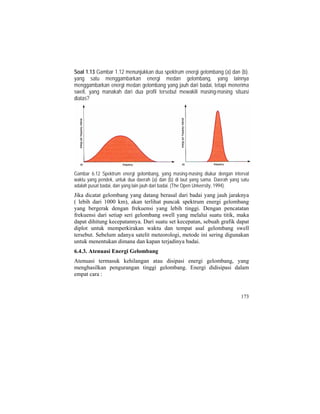 Soal 1.13 Gambar 1.12 menunjukkan dua spektrum energi gelombang (a) dan (b).
yang satu menggambarkan energi medan gelombang, yang lainnya
menggambarkan energi medan gelombang yang jauh dari badai, tetapi menerima
swell, yang manakah dari dua profil tersebut mewakili masing-masing situasi
diatas?
Gambar 6.12 Spektrum energi gelombang, yang masing-masing diukur dengan interval
waktu yang pendek, untuk dua daerah (a) dan (b) di laut yang sama. Daerah yang satu
adalah pusat badai, dan yang lain jauh dari badai. (The Open University, 1994).
Jika dicatat gelombang yang datang berasal dari badai yang jauh jaraknya
( lebih dari 1000 km), akan terlihat puncak spektrum energi gelombang
yang bergerak dengan frekuensi yang lebih tinggi. Dengan pencatatan
frekuensi dari setiap seri gelombang swell yang melalui suatu titik, maka
dapat dihitung kecepatannya. Dari suatu set kecepatan, sebuah grafik dapat
diplot untuk memperkirakan waktu dan tempat asal gelombang swell
tersebut. Sebelum adanya satelit meteorologi, metode ini sering digunakan
untuk menentukan dimana dan kapan terjadinya badai.
6.4.3. Atenuasi Energi Gelombang
Atenuasi termasuk kehilangan atau disipasi energi gelombang, yang
menghasilkan pengurangan tinggi gelombang. Energi didisipasi dalam
empat cara :
173
 