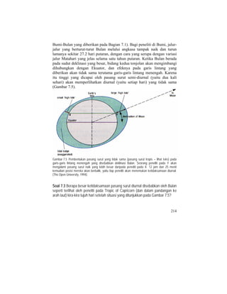 Bumi-Bulan yang diberikan pada Bagian 7.1). Bagi peneliti di Bumi, jalur-
jalur yang berturut-turut Bulan melalui angkasa tampak naik dan turun
lamanya sekitar 27.2 hari putaran, dengan cara yang serupa dengan variasi
jalur Matahari yang jelas selama satu tahun putaran. Ketika Bulan berada
pada sudut deklinasi yang besar, bidang kedua tonjolan akan mengimbangi
dihubungkan dengan Ekuator, dan efeknya pada garis lintang yang
diberikan akan tidak sama terutama garis-garis lintang menengah. Karena
itu tinggi yang dicapai oleh pasang surut semi-diurnal (yaitu dua kali
sehari) akan memperlihatkan diurnal (yaitu setiap hari) yang tidak sama
(Gambar 7.5).
Gambar 7.5 Pembentukan pasang surut yang tidak sama (pasang surut tropis – lihat teks) pada
garis-garis lintang menengah yang disebabkan deklinasi Bulan. Seorang peneliti pada Y akan
mengalami pasang surut naik yang lebih besar daripada peneliti pada X. 12 jam dan 25 menit
kemudian posisi mereka akan berbalik, yaitu tiap peneliti akan menemukan ketidaksamaan diurnal.
(The Open University, 1994).
Soal 7.3 Berapa besar ketidaksamaan pasang surut diurnal disebabkan oleh Bulan
seperti terlihat oleh peneliti pada Tropic of Capricorn (dan dalam pandangan ke
arah laut) kira-kira tujuh hari setelah situasi yang ditunjukkan pada Gambar 7.5?
214
 