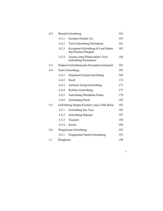 6.2 Bentuk Gelombang
6.2.1 Gerakan Partikel Air
6.2.2 Teori Gelombang Permukaan
6.2.3 Kecepatan Gelombang di Laut Dalam
dan Perairan Dangkal
6.2.4 Asumsi yang Dibuat dalam Teori
Gelombang Permukaan
6.3 Dispersi Gelombang dan Kecepatan kelompok
6.4 Eneri Gelombang
6.4.1 Penjalaran Energi Gelombang
6.4.2 Swell
6.4.3 Atenuasi Energi Gelombang
6.4.4 Refraksi Gelombang
6.4.5 Gelombang Mendekati Pantai
6.4.6 Gelombang Pecah
6.5 Gelombang dengan Karakter yang Tidak Biasa
6.5.1 Gelombang dan Arus
6.5.2 Gelombang Raksasa
6.5.3 Tsunami
6.5.4 Seiche
6.6 Pengukuran Gelombang
6.6.1 Pengamatan Satelit Gelombang
6.7 Ringkasan
156
158
161
162
164
165
168
169
171
173
175
179
182
185
185
187
189
190
193
193
198
v
 