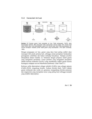 3.1.2 Garam dari Air Laut
Gambar 3.1 Suksesi garam hasil presipitasi air laut. Pada penguapan, CaCO3 akan
terpresipitasi pertama. Bila penguapan telah mengurangi volume hingga 19% volume awal
maka CaSO4 akan mulai terpresipitasi; pada 9,5% volume awal, NaCl mulai terpresipitasi, dst.
Volume tendapan mewakili jumlah relatif garam yang terpresipitasi. (The Open University,
1995).
Dengan penguapan air laut, garam yang daya larut paling sedikit akan
mencapai titik jenuh pertama kali, sehingga urutan presipitasi berdasarkan
peningkatan solubilitas dan bukan terhadap banyaknya. Tahapan tersebut
ditunjukkan dalam Gambar 3.1 berkaitan dengan proporsi relatif garam
yang mengalami presipitasi. Unsur pertama yang mengalami presipitasi
adalah kalsium karbonat (CaCO3) yang membentuk sedikit garam karena
kurangnya endapan ion-ion bikarbonat (karbonat). Lihat Tabel 3.1.
Kalsium sulfat dipresipitasi sebagai anhidrit (CaSO4) atau sebagai gipsum
(CaSO4.2H2O), tergantung kondisi. Sodium klorida (halit, NaCl) adalah
garam terbanyak dan residu air garamnya mengandung klorida potasium
dan magnesium yang merupakan unsur yang paling larut sehingga menjadi
yang terakhir dipresipitasi.
Bab 3 54
 