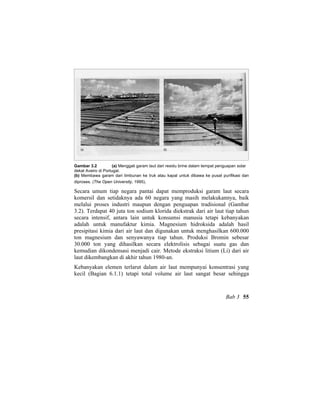 Gambar 3.2 (a) Menggali garam laut dari residu brine dalam tempat penguapan solar
dekat Aveiro di Portugal.
(b) Membawa garam dari timbunan ke truk atau kapal untuk dibawa ke pusat purifikasi dan
diproses. (The Open University, 1995).
Secara umum tiap negara pantai dapat memproduksi garam laut secara
komersil dan setidaknya ada 60 negara yang masih melakukannya, baik
melalui proses industri maupun dengan penguapan tradisional (Gambar
3.2). Terdapat 40 juta ton sodium klorida diekstrak dari air laut tiap tahun
secara intensif, antara lain untuk konsumsi manusia tetapi kebanyakan
adalah untuk manufaktur kimia. Magnesium hidroksida adalah hasil
presipitasi kimia dari air laut dan digunakan untuk menghasilkan 600.000
ton magnesium dan senyawanya tiap tahun. Produksi Bromin sebesar
30.000 ton yang dihasilkan secara elektrolisis sebagai suatu gas dan
kemudian dikondensasi menjadi cair. Metode ekstraksi litium (Li) dari air
laut dikembangkan di akhir tahun 1980-an.
Kebanyakan elemen terlarut dalam air laut mempunyai konsentrasi yang
kecil (Bagian 6.1.1) tetapi total volume air laut sangat besar sehingga
Bab 3 55
 