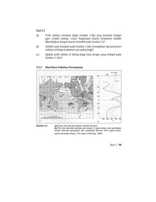 Soal 3.5
(a) Profil salinitas manakah dalam Gambar 3.3(b) yang berkaitan dengan
garis vertikal Gambar 3.3(a)? Bagaimana kisaran kedalaman haloklin
dibandingkan dengan kisaran termoklin pada Gambar 2.6?
(b) Haloklin yang manakah pada Gambar 3.3(b) menunjukkan laju penurunan
salinitas terhadap kedalaman yan paling tinggi?
(c) Apakah profil salinitas di lintang tinggi mirip dengan yang terdapat pada
Gambar 3.3(b)?
3.2.2 Distribusi Salinitas Permukaan
Gambar 3.4 (a) Posisi rata-rata permukaan isohalin tahunan.
(b) Plot nilai rata-rata salinitas permukaan, S (garis tebal), dan perbedaan
antara rata-rata penguapan dan presipitasi tahunan (E-P) (garis putus-
putus) terhadap lintang. (The Open University, 1995).
Bab 3 58
 