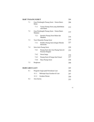 BAB 7 PASANG SURUT
7.1 Gaya Pembangkit Pasang Surut – Sistem Bumi-
Bulan
7.1.1 Variasi Pasang Surut yang diakibatkan
oleh Bulan
7.2 Gaya Pembangkit Pasang Surut – Sistem Bumi-
Matahari
7.2.1 Interaksi Pasang Surut Bulan dan
Matahari
7.3 Teori Dinamika Pasang Surut
7.3.1 Prediksi Pasang Surut dengan Metoda
Harmonik
7.4 Jenis-Jenis Pasang Surut
7.4.1 Pasang Surut dan Arus Pasang Surut di
Perairan Dangkal
7.4.2 Strom Surge
7.4.3 Pasang Surut di Sungai dan Estuari
7.4.4 Daya Pasang Surut
7.5 Ringkasan
204
204
213
215
216
219
227
229
232
234
237
238
240
BAB 8 ARUS LAUT
8.1 Pengaruh Angin pada Permukaan Laut
8.1.1 Beberapa Gaya Gesekan di Laut
8.1.2 Gerakan Ekman
8.2 Arus Inersia
245
246
247
250
253
vi
 
