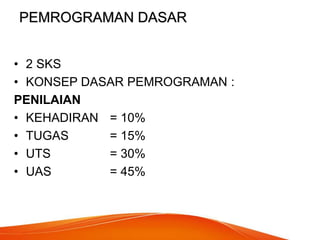 PEMROGRAMAN DASAR
• 2 SKS
• KONSEP DASAR PEMROGRAMAN :
PENILAIAN
• KEHADIRAN = 10%
• TUGAS = 15%
• UTS = 30%
• UAS = 45%
 