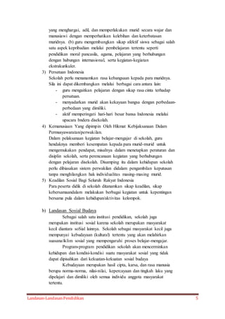yang menghargai, adil, dan memperlakukan murid secara wajar dan 
manusiawi dengan memperhatikan kelebihan dan keterbatasan 
muridnya. (b) guru mengembangkan sikap afektif siswa sebagai salah 
satu aspek kepribadian melalui pembelajaran tertentu seperti 
pendidikan moral pancasila, agama, pelajaran yang berhubungan 
dengan hubungan internasional, serta kegiatan-kegiatan 
ekstrakurikuler. 
3) Persatuan Indonesia 
Sekolah perlu menanamkan rasa kebangsaan kepada para muridnya. 
Sila ini dapat dikembangkan melalui berbagai cara antara lain: 
- guru mengaitkan pelajaran dengan sikap rasa cinta terhadap 
persatuan. 
- menyadarkan murid akan kekayaan bangsa dengan perbedaan-perbedaan 
yang dimiliki. 
- aktif memperingati hari-hari besar bansa Indonesia melalui 
upacara bndera disekolah. 
4) Kemanusiaan Yang dipimpin Oleh Hikmat Kebijaksanaan Dalam 
Permusyawaratan/perwakilan. 
Dalam pelaksanaan kegiatan belajar-mengajar di sekolah, guru 
hendaknya memberi kesempatan kepada para murid-murid untuk 
mengemukakan pendapat, misalnya dalam menetapkan peraturan dan 
disiplin sekolah, serta perencanaan kegiatan yang berhubungan 
dengan pelajaran disekolah. Disamping itu dalam kehidupan sekolah 
perlu dibiasakan sistem perwakilan didalam pengambilan keputusan 
tanpa menghilangkan hak individualitas masing-masing murid. 
5) Keadilan Sosial Bagi Seluruh Rakyat Indonesia 
Para peserta didik di sekolah ditanamkan sikap keadilan, sikap 
kebersamaandalam melakukan berbagai kegiatan untuk kepentingan 
bersama pula dalam kehidupan/aktivitas kelompok. 
b) Landasan Sosial Budaya 
Sebagai salah satu institusi pendidikan, sekolah juga 
merupakan institusi sosial karena sekolah merupakan masyarakat 
kecil diantara soSial lainnya. Sekolah sebagai masyarakat kecil juga 
mempunyai kebudayaan (kultural) tertentu yang akan melahirkan 
suasana/iklim sosial yang mempengaruhi proses belajar-mengajar. 
Program-program pendidikan sekolah akan mencerminkan 
kehidupan dan kondisi-kondisi suatu masyarakat sosial yang tidak 
dapat dipisahkan dari kekuatan-kekuatan sosial budaya 
Kebudayaan merupakan hasil cipta, karsa, dan rasa manusia 
berupa norma-norma, nilai-nilai, kepercayaan dan tingkah laku yang 
dipelajari dan dimiliki oleh semua individu anggota masyarakat 
tertentu. 
Landasan-Landasan Pendidikan 5 
 