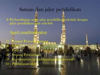 Satuan dan jalur pendidikan
 Perbandingan antar jalur pendidikan sekolah dengan
jalur pendidikan luar sekolah
Aspek yangdibandingkan
1) Tempat Penyelenggaraan
2) Sifat
3) Pola
4) Jenjang Pendidikan
5) Kemampuan yang dikembangkan (overall)
6) Penhargaan akhir
 