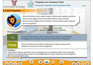 ,f
Komisi Pemilihan Umum dalam melaksanakan tugasnya sepenuhnya
dilakukan oleh personel internal organisasi.
Komisi Pemilihan Umum dalam melaksanakan tugasnya membutuhkan
barang/jasa dari penyedia yang diperoleh melalui proses pengadaan.
?
Feedback:
Tepat sekali! Kegiatan pemilihan umum melibatkan proses pengadaan dalam hal sumberdaya
eksternal dan juga peralatan seperti mesin penghitung surat suara, kotak suara dan sebagainya.
Mari kita pelajari lebih lanjut.
Klik pada jawaban Anda.
Jawaba Anda tepat sekali!
Kegratan pemUlhlr, umum melibatkan
prosespengadaan.
Komisi Pemillhan Umum sebuah negara melaksanakan kegiatan pemilihan
umum untuk anggota Dewan Perwakilan Rakyat negara tersebut.
Menurut Anda, Apakah Komisi Pemilihan Umum tersebut juga melakukan
proses pengadaan?
CERTIFICATEPROGRAMINPUBLICPROCUREMENT
I Contoh
Pengad••
-"-~--~---
06/31
,~ Pengadaan dan Pengadaan Publik
6Lc Pengantar Pengadaan dan Pengadaan Publik
~
Ill
 