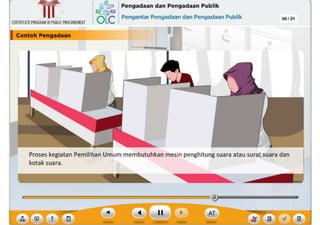 Proses kegiatan Pemilihan Umum membutuhkan mesin penghitung suara atau surat suara dan
kotak suara.
CERTIFICATEPROGRAMINPUBLICPROCUREMENT
I Contoh
Pengad••-"-~--~---
,~ Pengadaan dan Pengadaan Publik
6Lc Pengantar Pengadaan dan Pengadaan Publik 06/31
~
Ill
 